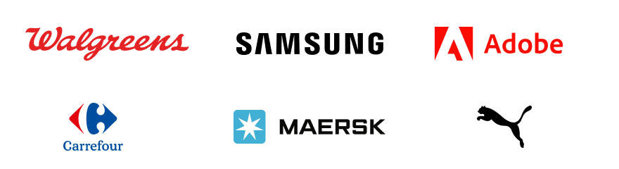 Logo lockup with Walgreens, Samsung, Adobe, Carrefour, Maersk and Puma logos