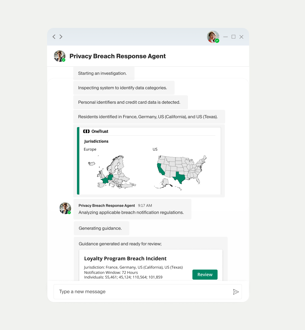 Privacy Breach Response agent chat window with discussion around suggested guidance in response to incident