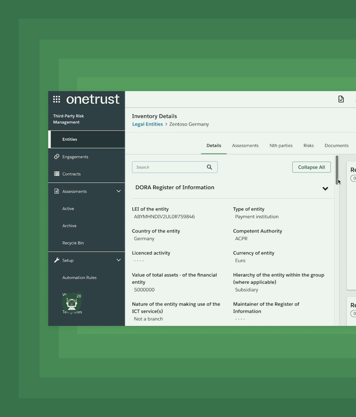 Screenshot of onetrust DORA video atop a branded green background